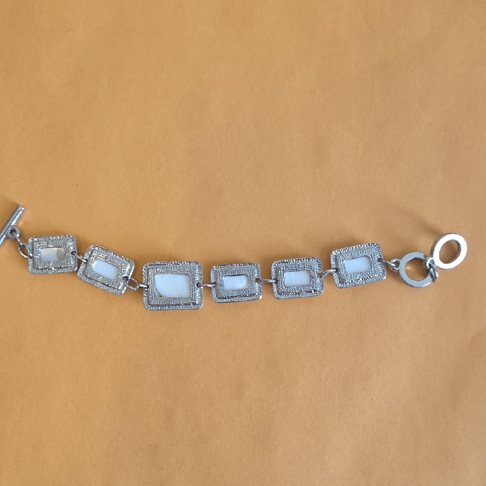 Silver And White Rectangular Link Bracelet - image 4